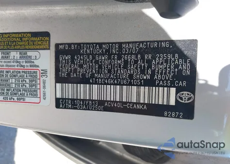 2007 Toyota Camry Le z USA, uszkodzony, nr VIN 4T1BE46K47U671051